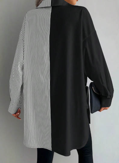 K0021 - Blusa casual de mujer con bloques de color y rayas, bajo asimétrico, camisa de mujer para primavera/otoñ