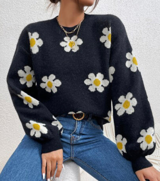 ST124 Suéter de hombros caídos con patrón floral