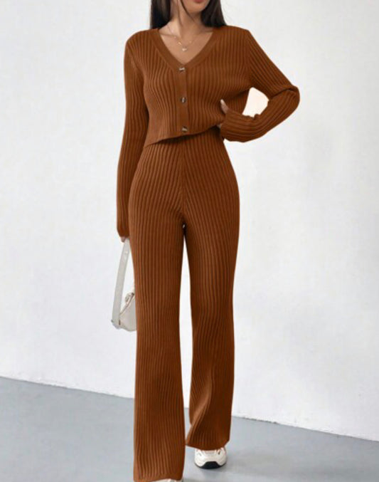 M400 Conjunto De Dos Piezas Para Mujer: Suéter De Botones Y Pantalones De Punto